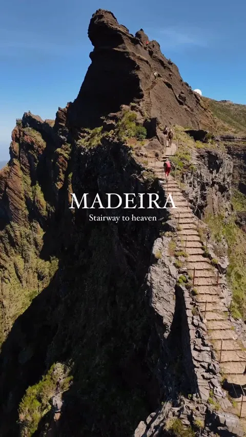 Stone steps climbing a knife-edge volcanic ridge, Madeira