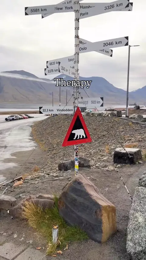 The Longyearbyen signpost showing distances to world cities, beside a polar bear warning sign, Svalbard